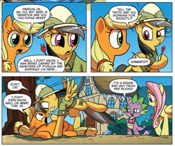 Size: 1004x835 | Tagged: safe, idw, applejack, daring do, fluttershy, dragon, earth pony, pegasus, pony, spoiler:comic, spoiler:comic15, clothes, comic, female, hat, male, mare, official comic, pith helmet, quartet, schmarfelpod, speech bubble