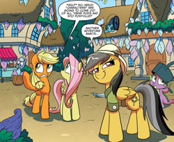 Size: 1046x858 | Tagged: safe, idw, applejack, daring do, doctor whooves, fluttershy, spike, dragon, earth pony, pegasus, pony, unicorn, spoiler:comic, spoiler:comic15, clothes, cocoon, dexterous hooves, female, hat, male, mare, official comic, pith helmet, pod, ponyville, schmarfelpod, shirt, speech bubble