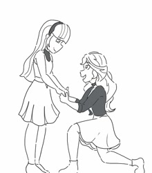 Size: 768x872 | Tagged: safe, artist:horsegirlpodcast, sunset shimmer, twilight sparkle, equestria girls, alternate costumes, clothes, female, headband, holding hands, kneeling, lesbian, looking at each other, looking down, marriage proposal, shipping, skirt, smiling, sunsetsparkle