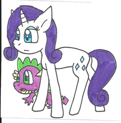 Size: 607x617 | Tagged: safe, artist:cmara, rarity, spike, dragon, pony, unicorn, female, horn, male, mare, traditional art