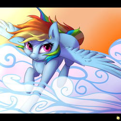 Size: 2400x2400 | Tagged: safe, artist:captainpudgemuffin, derpibooru import, rainbow dash, pegasus, pony, cloud, cloudy, cute, dashabetes, female, fluffy, flying, grin, lidded eyes, looking at you, mare, smiling, solo, spread wings, wings