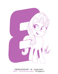 Size: 1086x1400 | Tagged: safe, artist:fuzon-s, part of a set, starlight glimmer, pony, unicorn, anniversary, happy, happy birthday mlp:fim, mlp fim's eighth anniversary, pony channel, sketch, solo, style emulation, yuji uekawa style