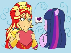 Size: 1024x768 | Tagged: safe, artist:horsegirlpodcast, sunset shimmer, twilight sparkle, equestria girls, legend of everfree, crystal guardian, female, heart, lesbian, pictogram, ponied up, present, shipping, smiling, sunsetsparkle