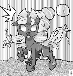 Size: 1000x1046 | Tagged: safe, artist:php13, applejack, changeling, earth pony, pony, askchrysalis, changelingified, monochrome, solo