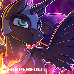 Size: 1280x1280 | Tagged: safe, artist:whisperfoot, derpibooru import, nightmare moon, fire, smiling, solo