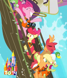 Size: 622x718 | Tagged: safe, edit, edited screencap, screencap, apple bloom, applejack, big macintosh, granny smith, pinkie pie, earth pony, pony, pinkie apple pie, male, raft, screenshots, splash mountain, stallion, walt disney world, waterfall