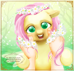 Size: 828x798 | Tagged: safe, artist:hobilo, fluttershy, pegasus, pony, flower, hand, happy, pixiv, solo, squishy cheeks