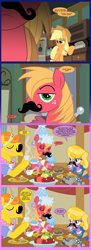 Size: 1050x2900 | Tagged: safe, artist:edowaado, applejack, big macintosh, carrot cake, smarty pants, spike, dragon, earth pony, pony, apple, clothes, comic, crossdressing, dress, froufrou glittery lacy outfit, gravy, gravy boat, guys night out, hennin, hilarious in hindsight, male, manly, moustache, muffin, stallion, table, tea, tea party, teacup