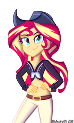 Size: 540x900 | Tagged: safe, artist:wubcakeva, sunset shimmer, dance magic, equestria girls, spoiler:eqg specials, belly button, clothes, cowboy hat, front knot midriff, hand on hip, hat, looking at you, midriff, pants, simple background, smiling, solo, stetson, transparent background