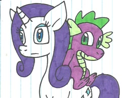 Size: 700x540 | Tagged: safe, artist:cmara, rarity, spike, dragon, pony, unicorn, female, horn, male, mare, traditional art