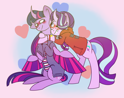 Size: 5097x4031 | Tagged: safe, artist:musicbetmlp, starlight glimmer, twilight sparkle, twilight sparkle (alicorn), alicorn, pony, unicorn, absurd resolution, alternate costumes, alternate universe, blushing, female, glasses, happy, heart, hug, lesbian, looking at each other, one eye closed, shipping, smiling, twistarlight