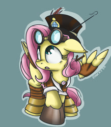 Size: 783x900 | Tagged: safe, artist:mistydash, fluttershy, pegasus, pony, clothes, goggles, hat, looking up, simple background, solo, steampunk, top hat