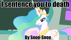 Size: 960x540 | Tagged: safe, edit, edited screencap, screencap, princess celestia, alicorn, pony, death by snu snu, female, frown, futurama, image macro, implied death, implied execution, implied sex, lidded eyes, mare, meme, open mouth, snu-snu, solo