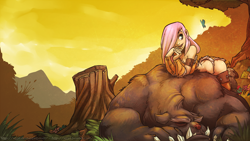 Size: 1920x1080 | Tagged: safe, artist:atryl, fluttershy, bear, human, animal, clothes, fantasy class, female, hair over one eye, humanized, quest for harmony, wallpaper