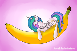 Size: 4504x2992 | Tagged: safe, artist:gree3, princess celestia, alicorn, pony, banana, female, gradient background, prone, solo, tongue out, wing fluff