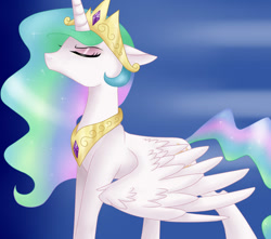 Size: 1024x906 | Tagged: safe, artist:justbrohoof, princess celestia, alicorn, pony, crown, female, horn, mare, multicolored mane, multicolored tail, solo, white coat, white wings, wings