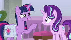 Size: 1280x720 | Tagged: safe, screencap, starlight glimmer, twilight sparkle, twilight sparkle (alicorn), alicorn, pony, unicorn, school raze, duo, duo female, female, mare, raised hoof, saddle bag