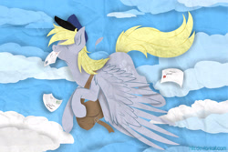 Size: 3964x2648 | Tagged: safe, artist:hilis, derpy hooves, pegasus, pony, cloud, eyes closed, feather, female, flying, hat, letter, mailbag, mailmare, mare, mouth hold, postman's hat, solo