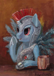 Size: 1024x1432 | Tagged: safe, artist:satynapaper, derpibooru import, rainbow dash, pegasus, pony, armor, cider, gouache, solo, traditional art