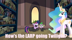 Size: 845x475 | Tagged: safe, edit, edited screencap, screencap, princess celestia, spike, twilight sparkle, alicorn, dragon, pony, it's about time, canterlot library, catsuit, image macro, larp, meme, scroll, text edit