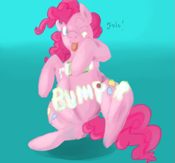 Size: 753x702 | Tagged: safe, artist:dolly, artist:twizzle, pinkie pie, pony, belly, bipedal, body writing, colored, foodplay, frosting, messy, preggy pie, pregnant, solo