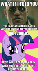 Size: 376x690 | Tagged: safe, derpibooru import, twilight sparkle, facebook, image macro, meme, morpheus, the matrix, twiface, what if i told you