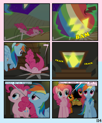 Size: 900x1080 | Tagged: safe, artist:lister-of-smeg, derpibooru import, pinkie pie, rainbow dash, oc, oc:crosspatch, oc:lazybug, earth pony, pegasus, pony, comic:zap-o-lantern, apple, cellar, colt, comic, female, food, male, mare, zap-o-lanternking