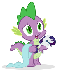 Size: 877x1047 | Tagged: safe, artist:avonir, rarity, spike, dragon, pony, unicorn, castle sweet castle, blanket, cute, plushie, rarity plushie, simple background, solo, vector, white background