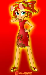 Size: 800x1280 | Tagged: safe, artist:9987neondraws, sunset shimmer, equestria girls, cheongsam, clothes, glow, red, solo, sunshine shimmer