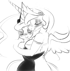 Size: 880x892 | Tagged: safe, artist:zev, princess celestia, princess luna, anthro, blushing, breasts, cleavage, clothes, dress, female, grayscale, hug, monochrome, princess breastia, smiling