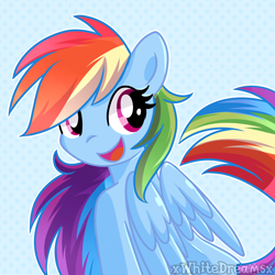 Size: 2000x2000 | Tagged: safe, artist:xwhitedreamsx, derpibooru import, rainbow dash, pegasus, pony, abstract background, cute, dashabetes, female, high res, looking back, smiling, solo