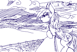 Size: 1206x825 | Tagged: safe, artist:prismspark, derpibooru import, rainbow dash, pegasus, pony, balcony, city, cityscape, monochrome, moonlight, ms paint, night, sketch, solo