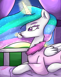 Size: 1024x1280 | Tagged: safe, artist:wolfy-pony, princess celestia, alicorn, pony, balcony, bathrobe, bed, clothes, coffee, eyelashes, magic, morning, prone, robe, smiling, solo, telekinesis