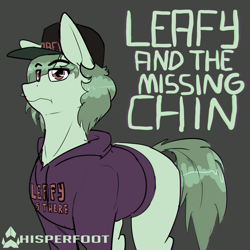 Size: 1280x1280 | Tagged: safe, artist:whisperfoot, derpibooru import, oc, oc only, pony, clothes, hat, hoodie, leafyishere, ponified, simple background, solo, weak chin