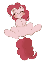 Size: 562x738 | Tagged: dead source, safe, artist:umeguru, pinkie pie, earth pony, pony, blushing, cute, diapinkes, eyes closed, hooves to the chest, imminent belly rub, on back, smiling, solo