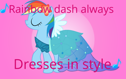 Size: 1082x674 | Tagged: safe, derpibooru import, rainbow dash, pegasus, pony, g3, caption, clothes, covered wings, dress, equine, meme, princess dress, rainbow dash always dresses in style, solo, wallpaper