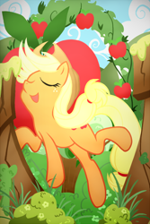 Size: 560x840 | Tagged: safe, artist:zat, applejack, earth pony, pony, eyes closed, jumping, solo