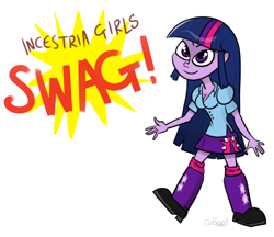 Size: 500x432 | Tagged: safe, artist:catfood-mcfly, derpibooru import, twilight sparkle, equestria girls, breasts, cleavage, clothes, female, incestria girls, shirt, skirt, solo