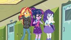 Size: 1920x1080 | Tagged: safe, screencap, rarity, sci-twi, sunset shimmer, twilight sparkle, eqg summertime shorts, equestria girls, monday blues, backpack, boot, bracelet, canterlot high, clothes, crying, female, geode of shielding, geode of telekinesis, glasses, hoodie, jewelry, lidded eyes, lockers, magical geodes, makeup, ponytail, running makeup, school, shoes, skirt, tissue, wet clothes, wet hair