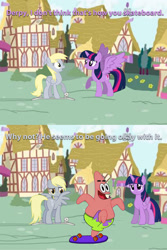 Size: 1500x2250 | Tagged: safe, derpy hooves, twilight sparkle, twilight sparkle (alicorn), alicorn, pony, patrick star, salsa imbecilicus, skateboard, spongebob squarepants