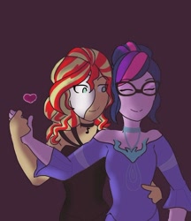 Size: 638x737 | Tagged: safe, artist:horsegirlpodcast, sci-twi, sunset shimmer, twilight sparkle, equestria girls, clothes, crossover, dancing, dress, eyes closed, female, heart, holding hands, lesbian, mask, phantom of the opera, scitwishimmer, shipping, sunsetsparkle