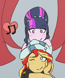 Size: 720x870 | Tagged: safe, artist:horsegirlpodcast, sunset shimmer, twilight sparkle, twilight sparkle (alicorn), alicorn, equestria girls, friendship through the ages, clothes, dress, female, hair bun, heart, lesbian, looking at each other, music notes, one eye closed, shipping, smiling, sunsetsparkle, wink