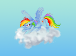 Size: 856x632 | Tagged: safe, artist:rikusumi, derpibooru import, rainbow dash, pegasus, pony, cloud, ready to fly, solo, spread wings