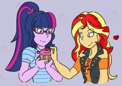 Size: 936x660 | Tagged: safe, artist:horsegirlpodcast, sci-twi, sunset shimmer, twilight sparkle, better together, equestria girls, cupcake, female, food, heart, lesbian, scitwishimmer, shipping, smiling, sunsetsparkle