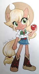 Size: 624x1152 | Tagged: safe, artist:shu, applejack, human, equestria girls, apple, belt, boots, clothes, cowboy hat, eared humanization, freckles, hat, humanized, looking at you, miniskirt, obligatory apple, pixiv, ponied up, rolled up sleeves, shoes, skirt, smiling, solo, stetson, tail, tailed humanization