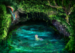 Size: 1706x1200 | Tagged: safe, artist:scootiebloom, derpibooru import, fluttershy, rainbow dash, fish, pegasus, pony, cave, lake, scenery, swimming, water