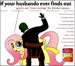 Size: 500x442 | Tagged: safe, artist:catfood-mcfly, fluttershy, oc, oc:anon, pegasus, pony, advertisement, female, food, husbando, mare, parody, pasta, punishment, spaghetti, spanking