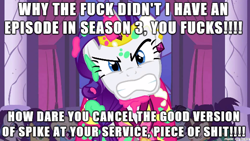 Size: 610x343 | Tagged: safe, rarity, pony, unicorn, season 3, spike at your service, angry, drama bait, excessive exclamation marks, image macro, meme, op is a cuck, op is a slowpoke, rarifan tears, slowpoke, upset, vulgar