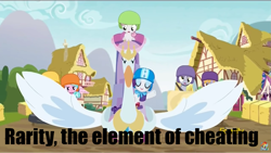 Size: 1279x722 | Tagged: safe, screencap, crackle pop, derpy hooves, rarity, sugar stix, sweetie belle, tender brush, winter lotus, pegasus, pony, unicorn, the cart before the ponies, cheating, female, mare, meme, swanlestia, swanlestia cart