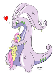 Size: 900x1218 | Tagged: safe, artist:cartoon-eric, fluttershy, pegasus, pony, crossover, duo, goodra, hug, pokémon, slime